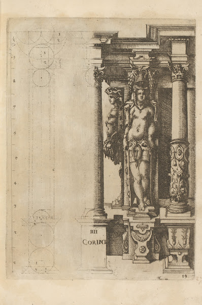 Proportions of the Corinthian column order with a caryatid and a herm seen from