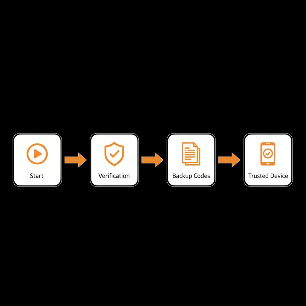 Minimal vector infographic to recover forgotten Gmail password: Start → Verification → Backup Codes → Trusted Device. Black bg, light type, orange accents.