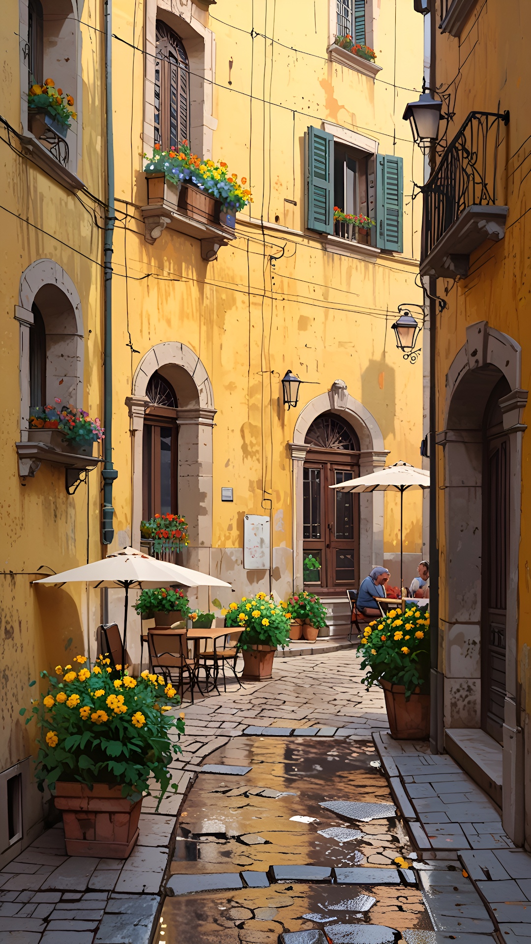 Charming Sunny Italian Alleyway Cafe Yellow Stucco Walls - Free 4K mobile Wallpaper
