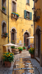 Charming Sunny Italian Alleyway Cafe Yellow Stucco Walls