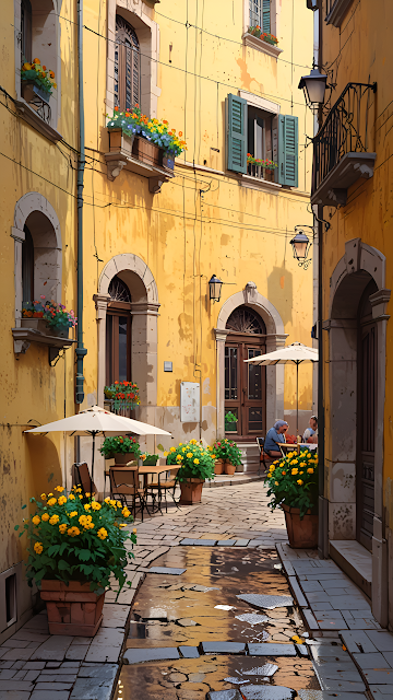 Charming Sunny Italian Alleyway Cafe Yellow Stucco Walls - Free mobile Wallpaper