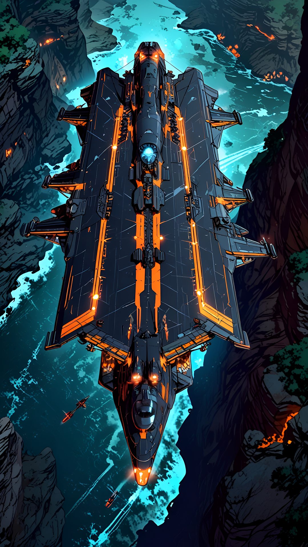 Gigantic Sci Fi Frigate Navigating Deep Canyon - Free 4K mobile Wallpaper