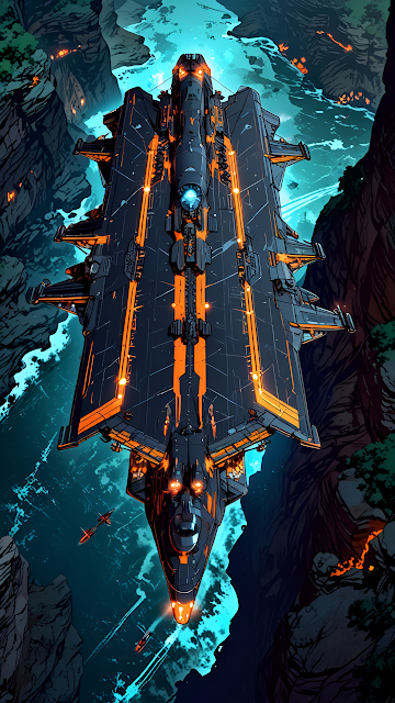 Gigantic Sci Fi Frigate Navigating Deep Canyon - Free mobile Wallpaper