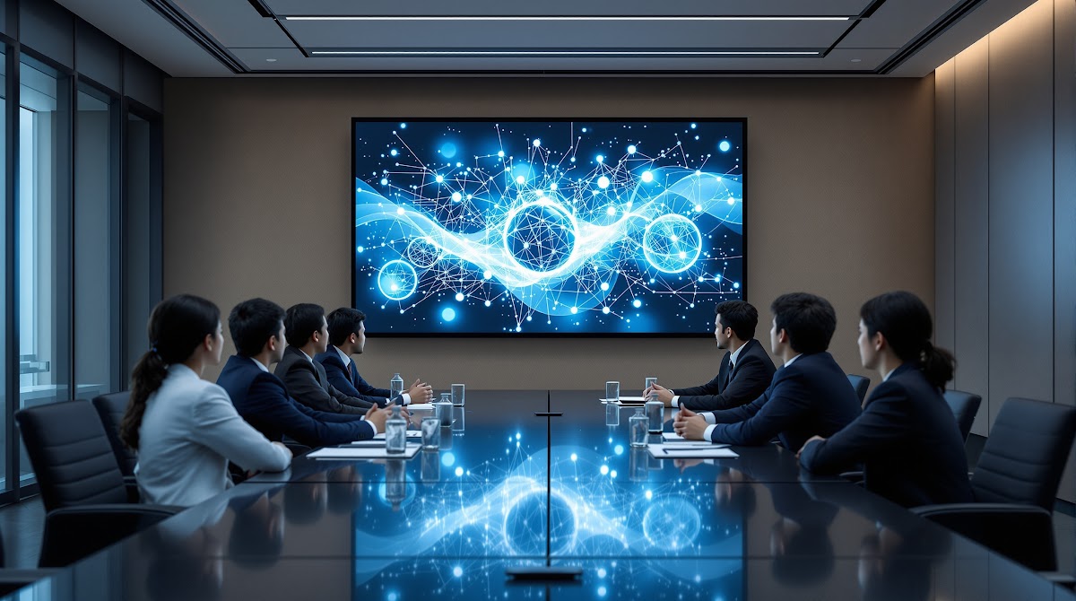 SYSTRAN 번역 솔루션을 사용하는 글로벌 IT 기업 회의실, 다양한 산업 전문가들이 실제 유통전문용어통역 결과를 분석하며, 대형 스크린에 번역 품질 지표와 워크플로우 효율 변화 그래프가 표시되는 장면, 혁신적인 디지털 협업 환경