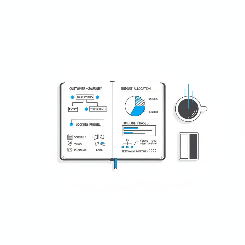 Minimal 2D vector notebook with event-planning marketing sketches, coffee cup and brand color swatches &mdash; How do you advertise yourself as an event planner?