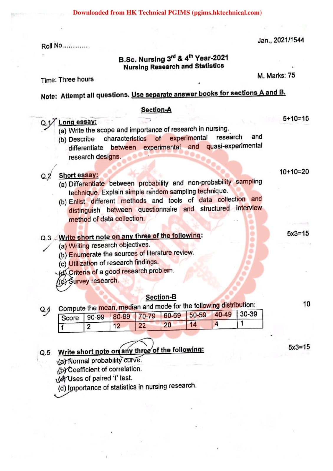 Nursing Research and Statistics 3rd Year BSc Nursing Previous Year's Question Paper,,Previous Year's Question Papers,PGIMS Question Paper,BSc Nursing,BSc Nursing 3rd Year,