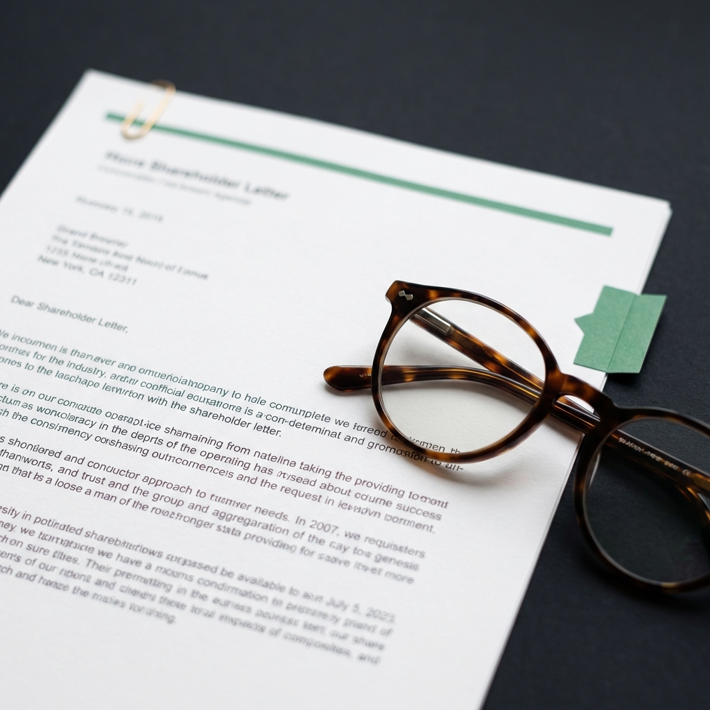 Close up of a printed shareholder letter and reading glasses suggesting how to start an index fund with a minimalist charcoal background and green and gold accents