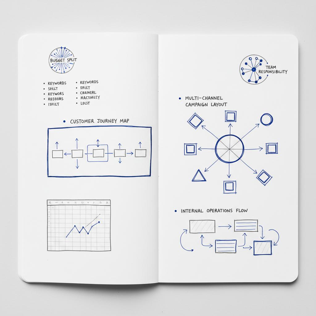 Top-down sketched campaign plan on white desk with keyword lists, simple channel icons and a spreadsheet mockup &mdash; cost per lead financial services