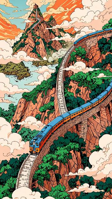 Scenic Mountain Train Journey Illustration Over Cliffs - Free mobile Wallpaper
