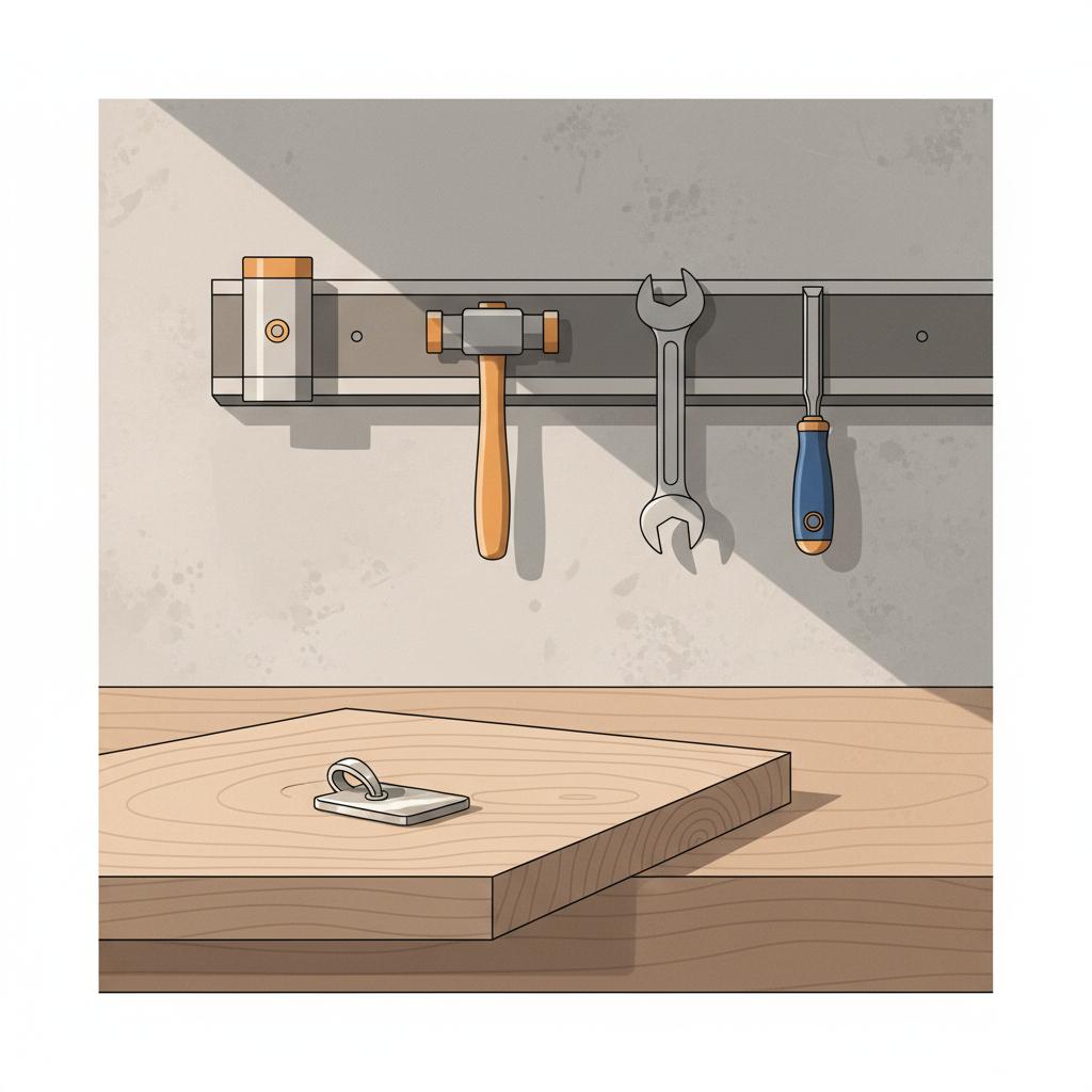 Nahaufnahme einer Werkbank mit Holzbrett, Magnetleiste mit Werkzeugen und kleinem Edelstahlanhänger im Steelmonks-Stil, selbstgemachte geschenke für papa