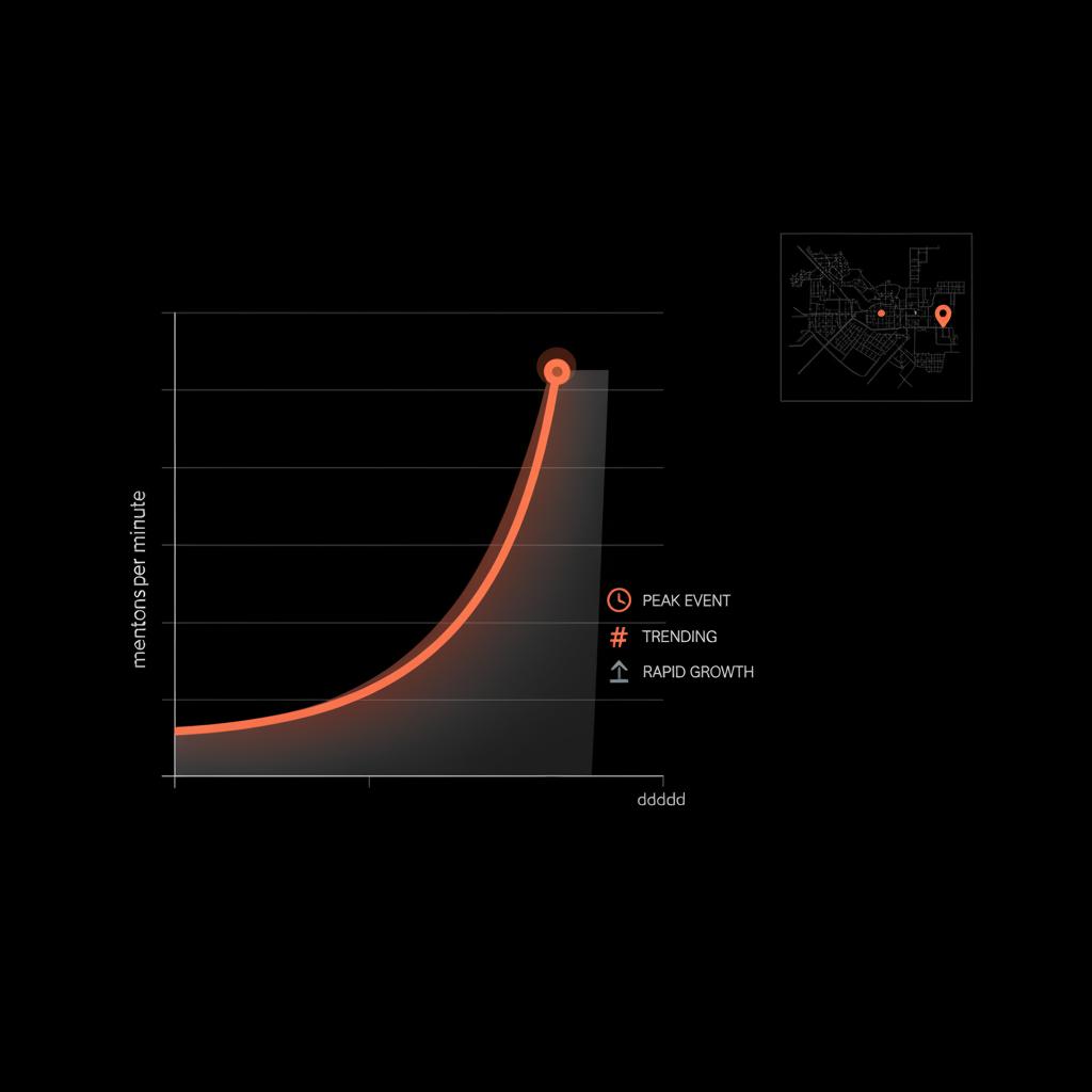 Minimal full-frame infographic with a time-series spike (mentions per minute) and a small city map inset in Social Success Hub colors — tweets to trend