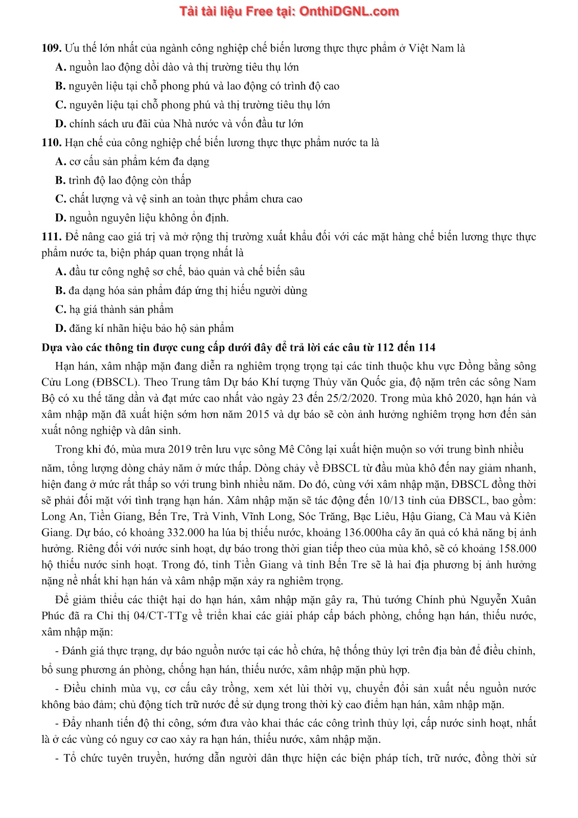 250 bài tập môn Địa Lý - Ôn thi ĐGNL ĐHQG TP HCM Phần 13