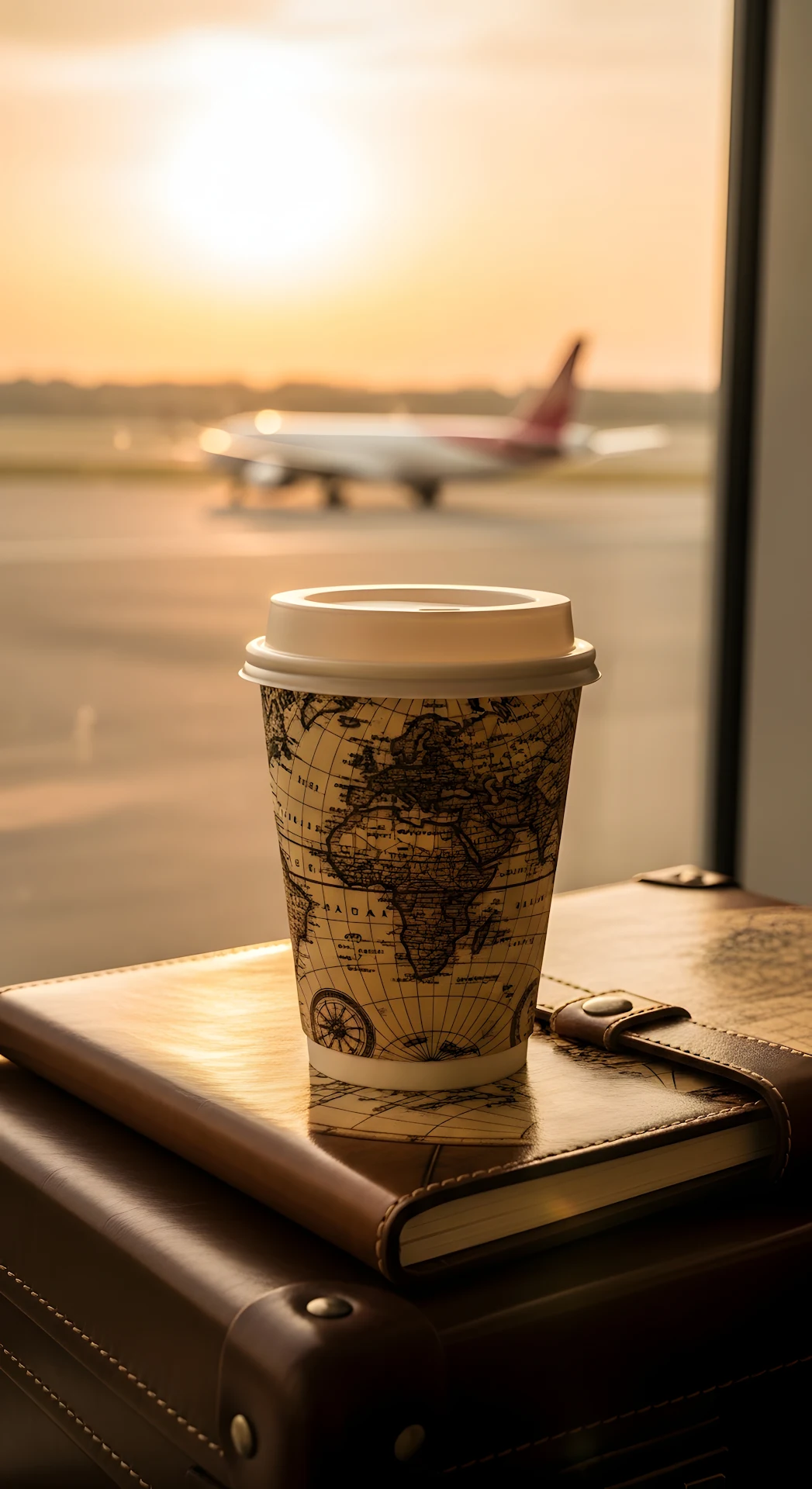 Vintage Map Coffee Cup Travel Journal Airport Sunset - Free 4K mobile Wallpaper