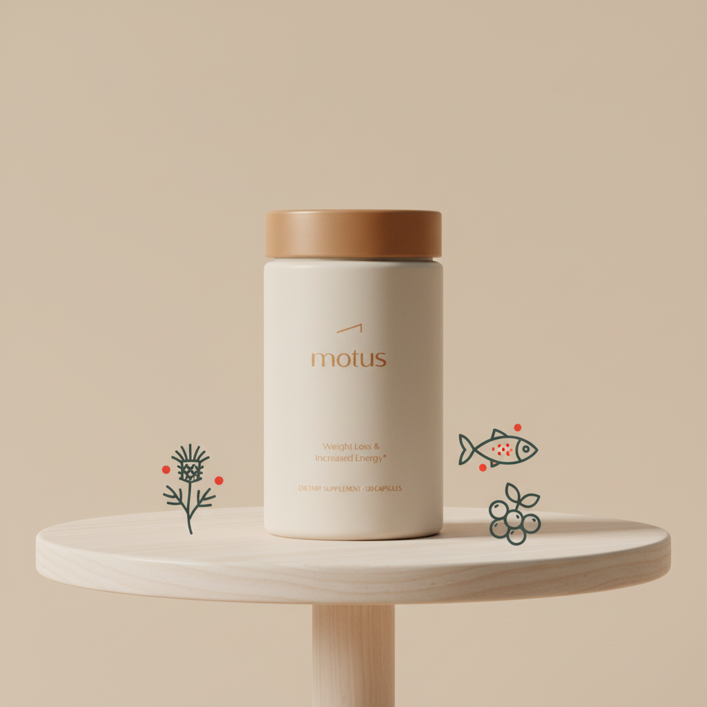 Tonum Motus supplement bottle on a pale wooden table with line-art milk thistle, fish, and berries icons on #F2E5D5 background, clear label visible — CLA contraindications