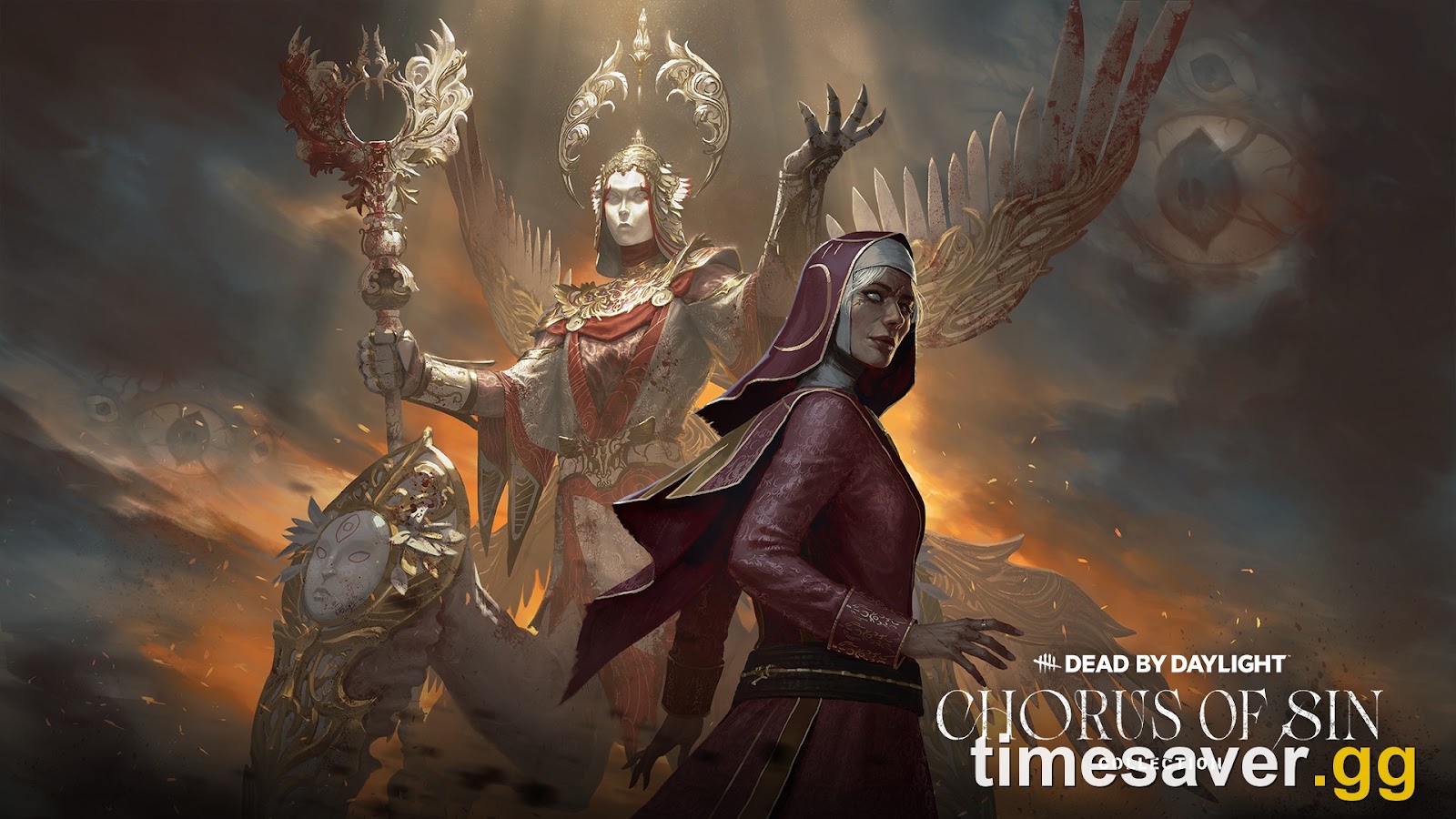 The Judgment standing among broken columns in the Chorus of Sin promotional art for Dead by Daylight