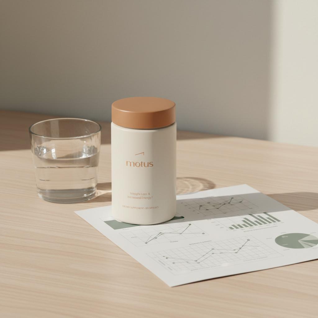 Minimalist Tonum scene: supplement jar from the reference photo on a light wooden table with a glass of water and a folded research printout about alpha lipoic acid side effects