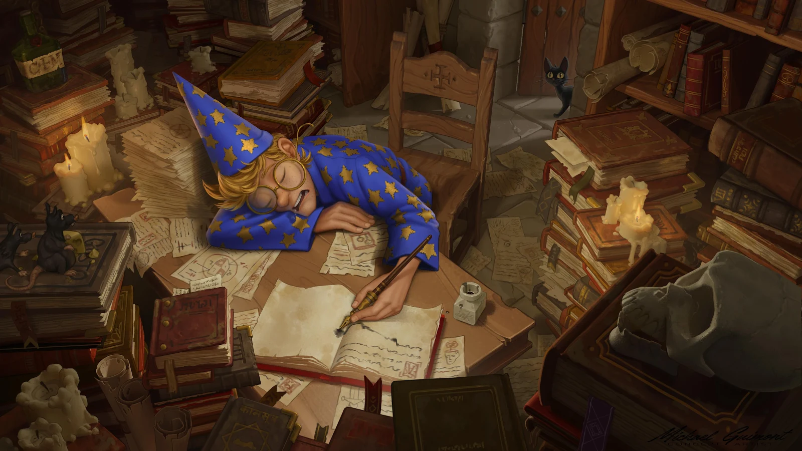 The Tired Wizard Apprentice - Fantasy Digital Art 4K Wallpaper (3840x2160)