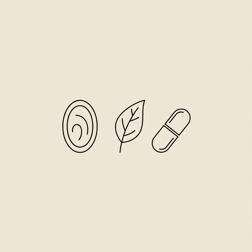 Minimal Tonum-style vector line illustration of a mitochondrion, leaf, and capsule on beige background, symbolizing cellular health and mitochondrial damage.