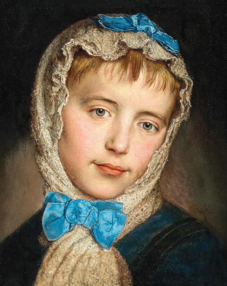 A Girl With Lace Headscarf And Blue Bows