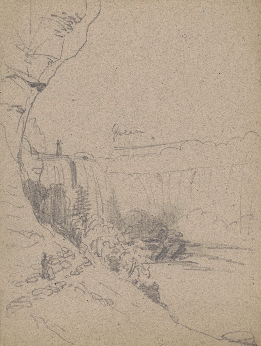 Sketch of Niagara Falls with a man and a woman walking on a footpath on lower le