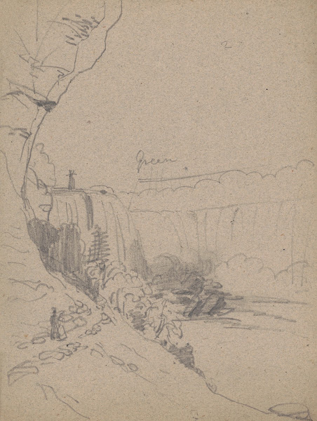 Sketch of Niagara Falls with a man and a woman walking on a footpath on lower le