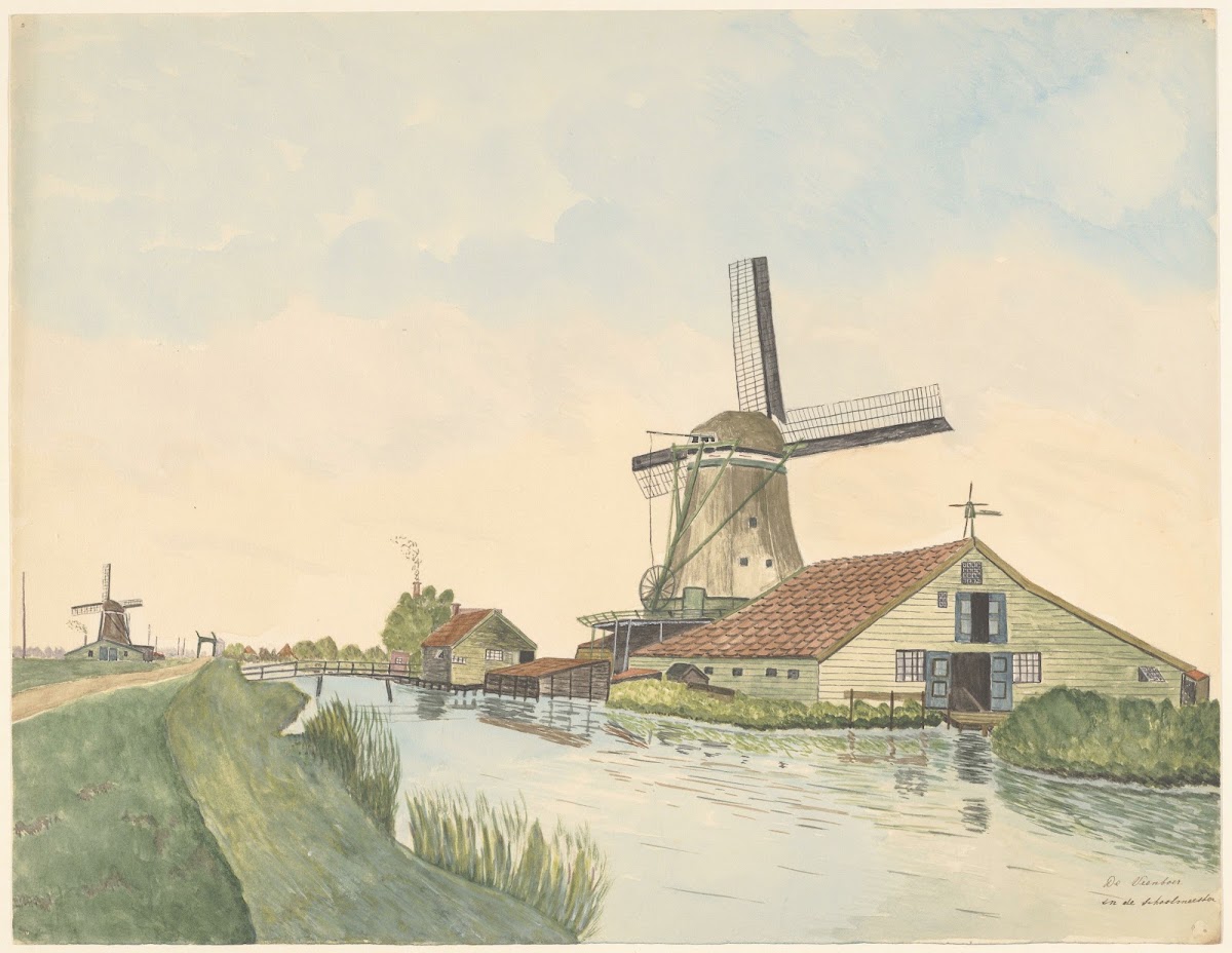 Molen De Veenboer aan het Guispad met molen De Schoolmeester 1930 1945