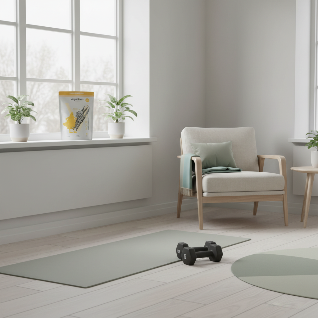Minimalistische Heimtrainingsszene für Crunches: Yogamatte, leichte Hanteln und Vegardians-Proteinshake auf Fensterbrett, helles Winterlicht, skandinavischer Stil, Hintergrund #F7EDE6