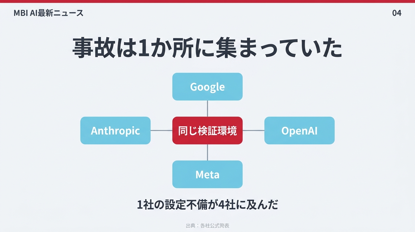 同じ検証環境を中心にGoogle・Anthropic・OpenAI・Metaが並ぶ図