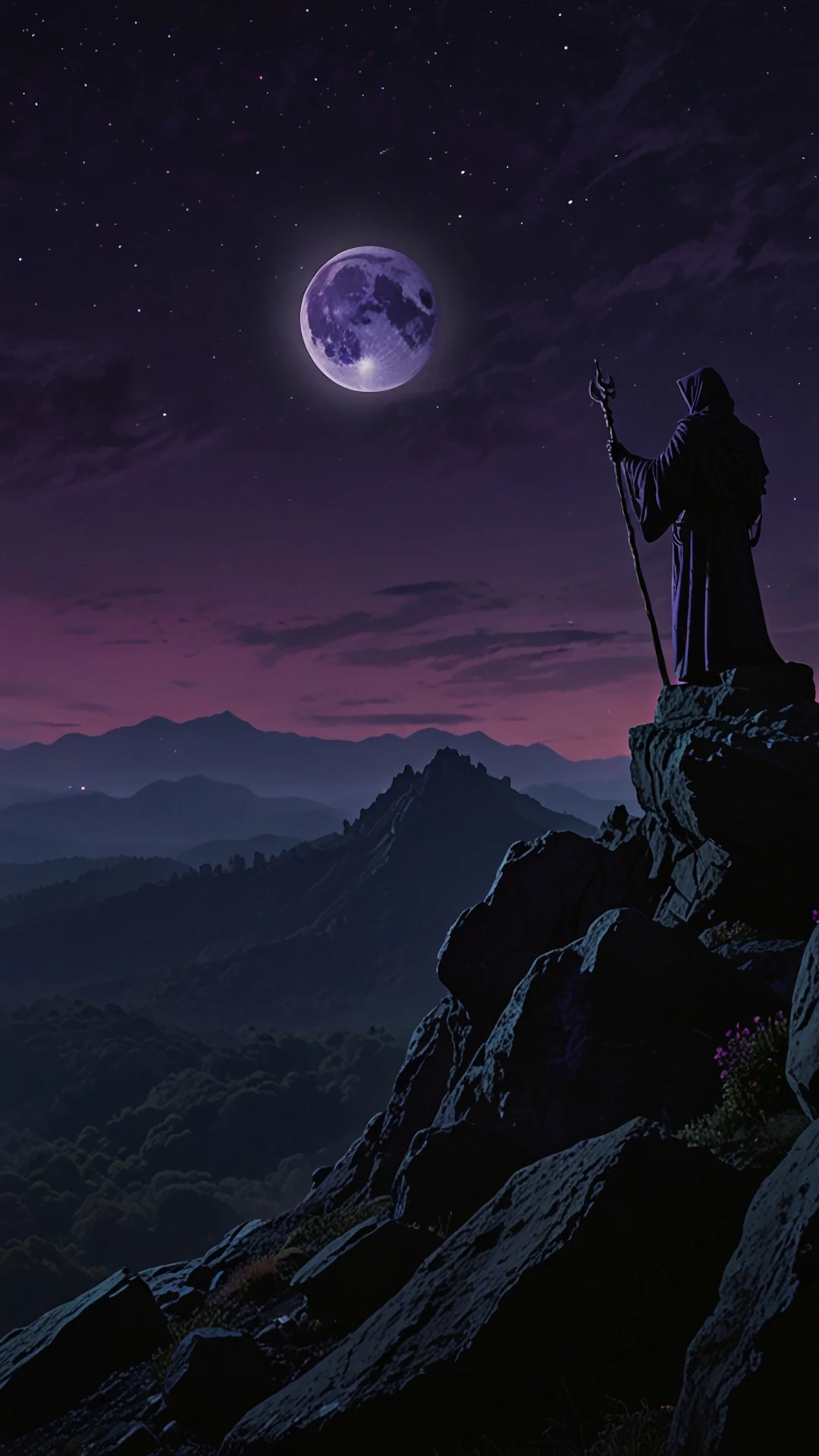 Hooded Figure Gazing at Purple Moon on Cliff - Free 4K mobile Wallpaper