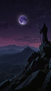 Hooded Figure Gazing at Purple Moon on Cliff
