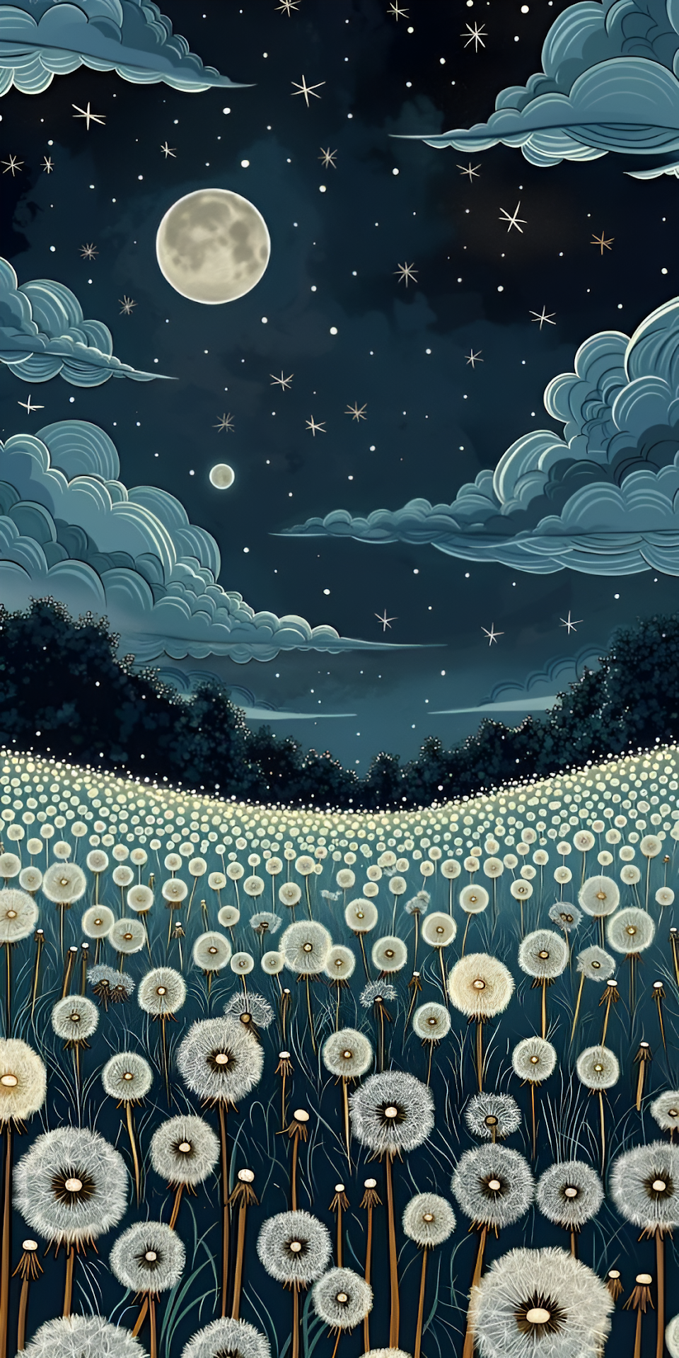 Whimsical Dandelion Field Under Starry Midnight Sky Painting - Free 4K mobile Wallpaper
