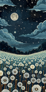 Whimsical Dandelion Field Under Starry Midnight Sky Painting