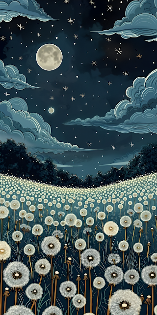 Whimsical Dandelion Field Under Starry Midnight Sky Painting - Free mobile Wallpaper