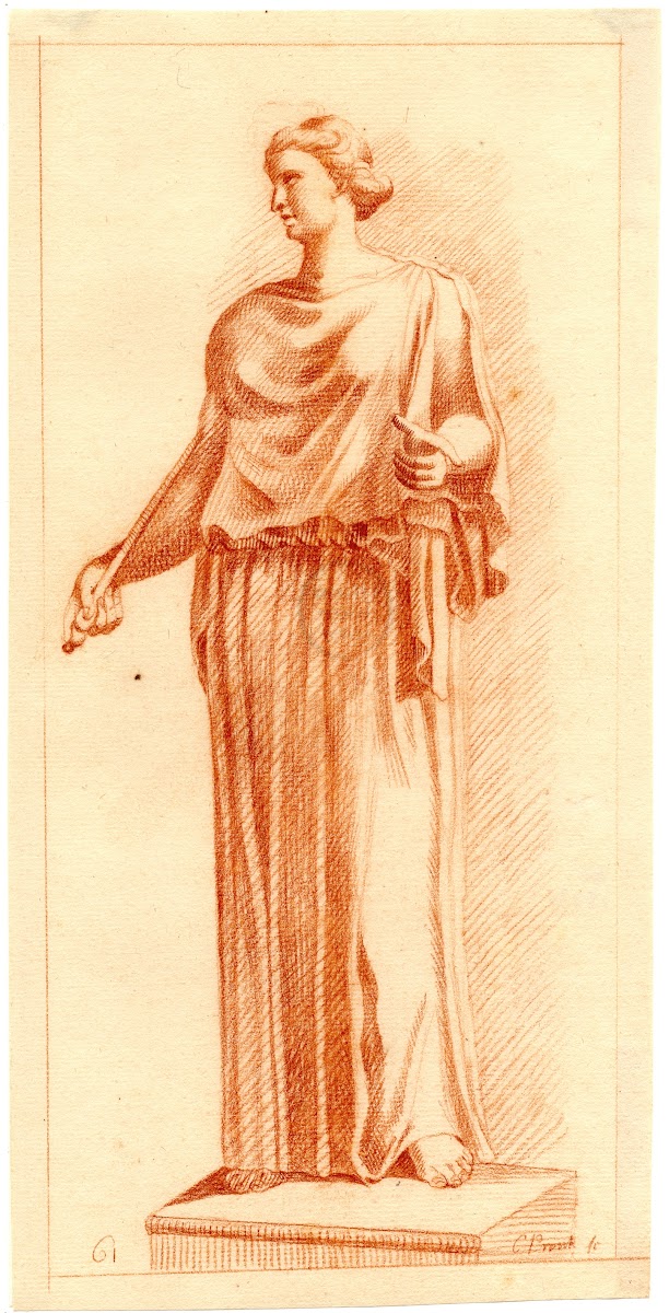 Beeld van staande vrouw met staf in haar hand