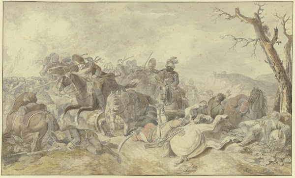 Kavallerieangriff gegen Infanterie rechts ein sterbender Tambour