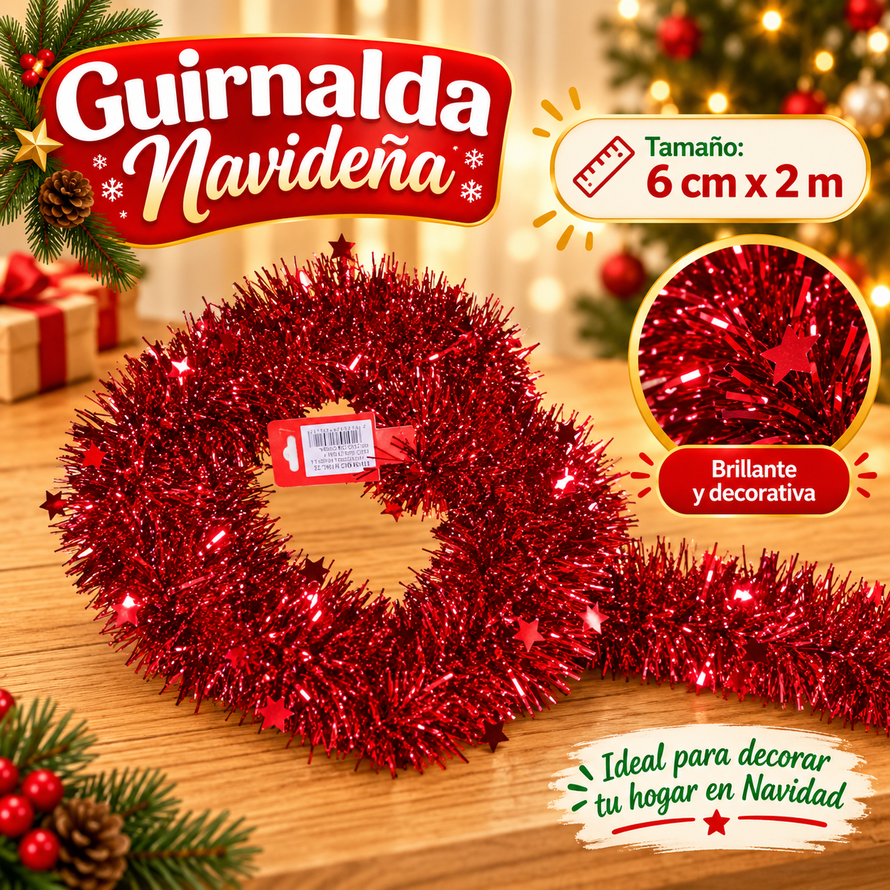 Guirnalda navideña de tinsel roja 6 cm x 2 m