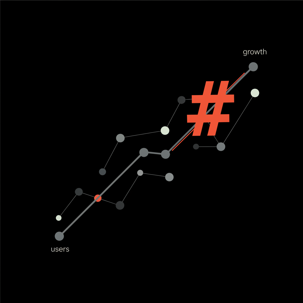 Minimal infographic showing a rising hashtag on a stylized line graph with small dots representing accounts feeding into it, in brand colors — how to make a Twitter trend