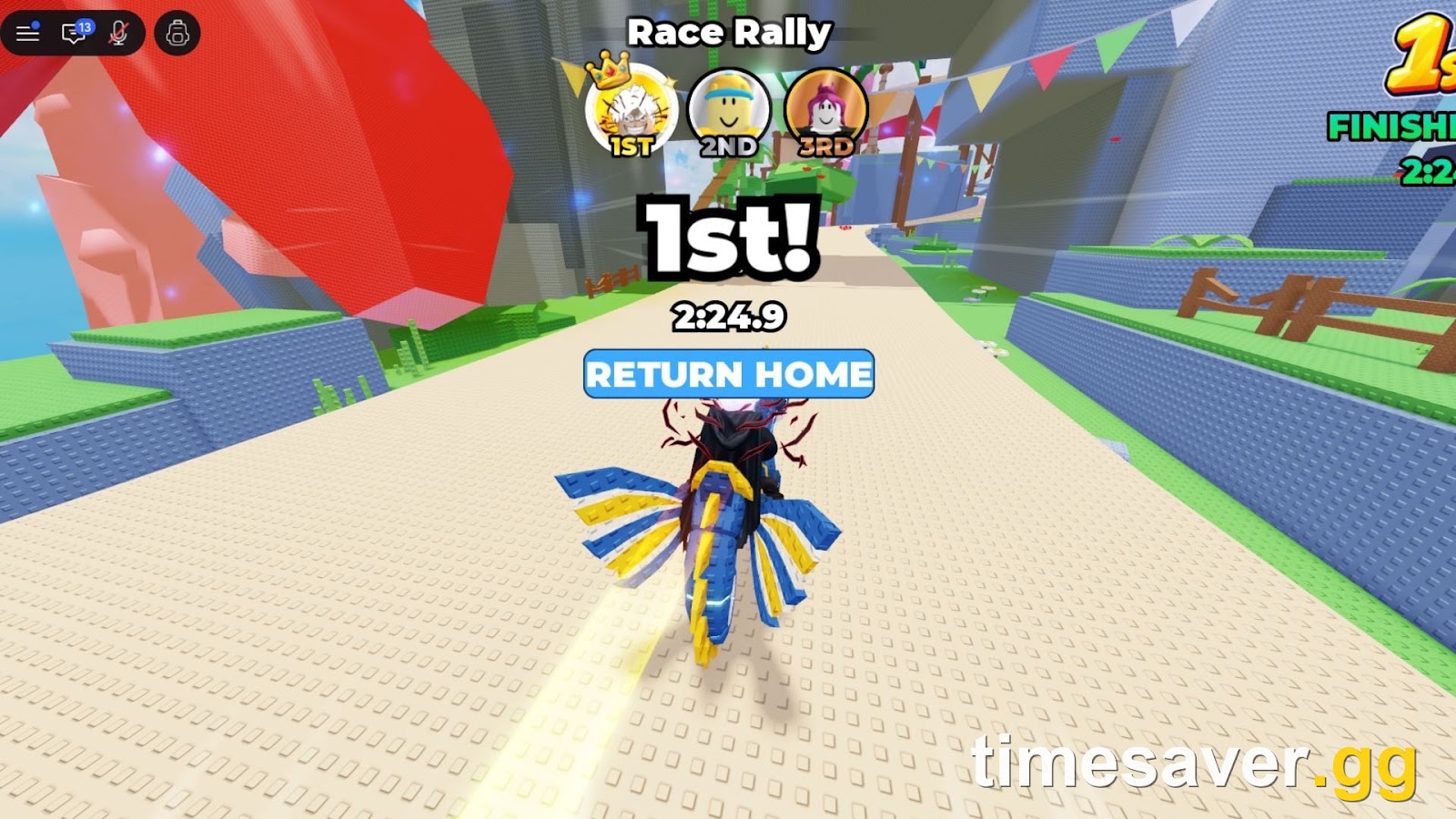 A first-place finish on the Steal An Egg Race Rally track with the player on a race mount