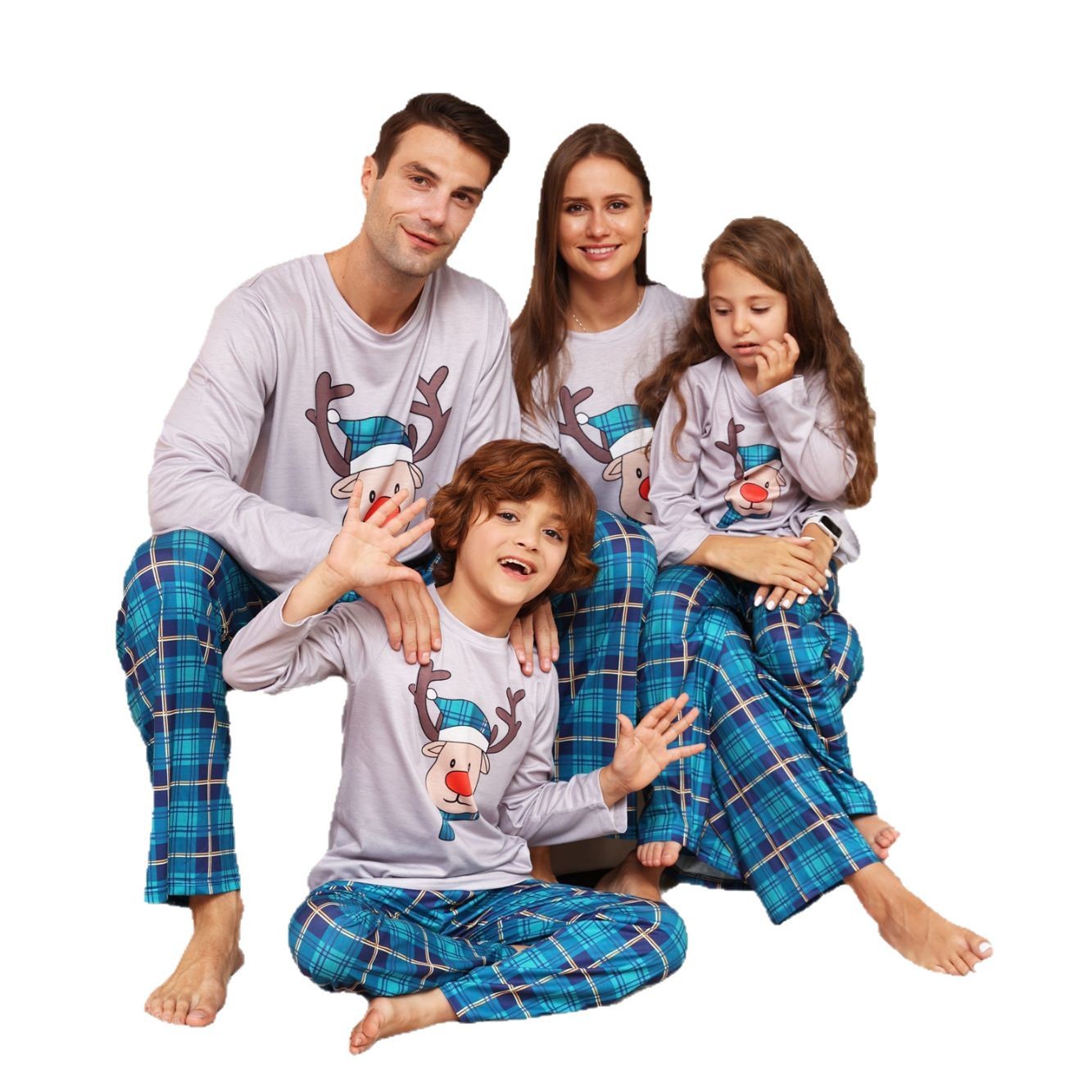 Christmas Pajama Set for Families, plaid with reindeer motif