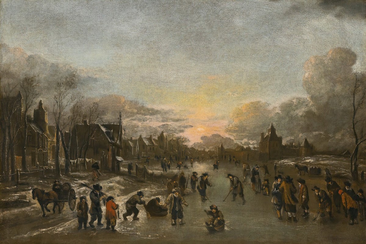 A Winter Landscape At Sunset With Figures Playing Kolf On The Ice
