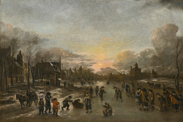 A Winter Landscape At Sunset With Figures Playing Kolf On The Ice