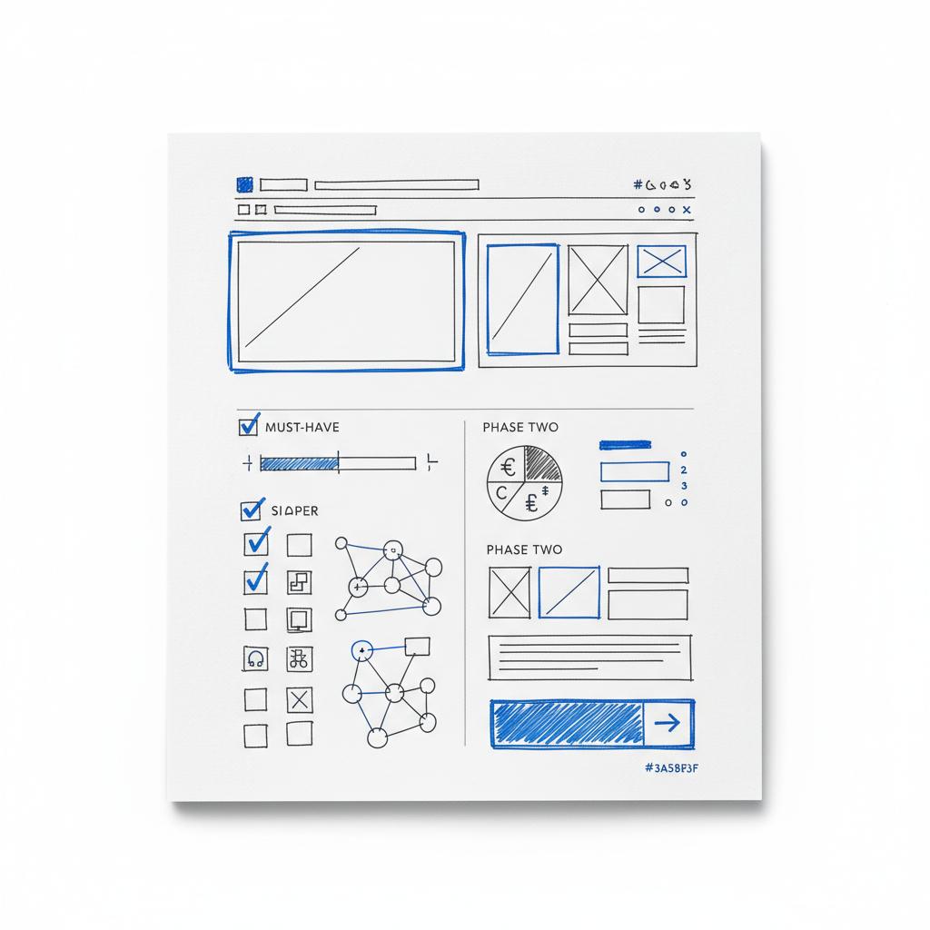Closeup planner page with wireframe sketches and two columns representing must‑haves and phase two features, minimal studio‑lit layout, white background, blue accents &mdash; cost to hire a web designer