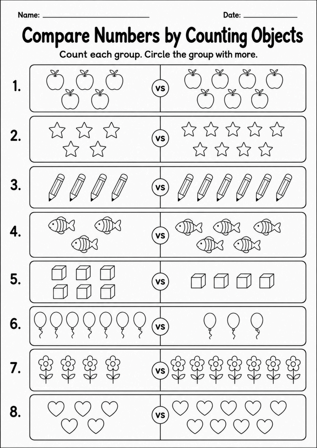 Compare Numbers by Counting Objects Worksheet