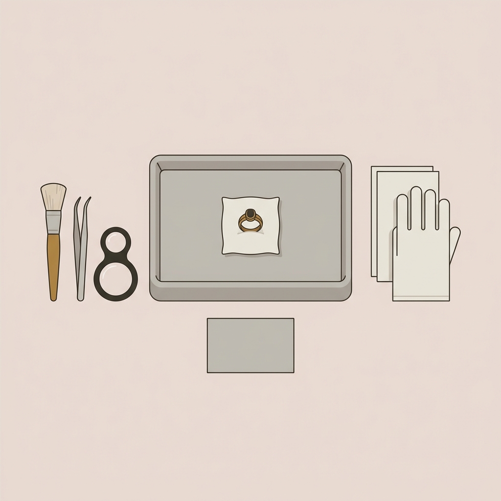 Minimalist 2D vector of a conservator workspace with a padded tray gloves gentle tools and a catalog card centered on a warm background highlighting an antique widows ring