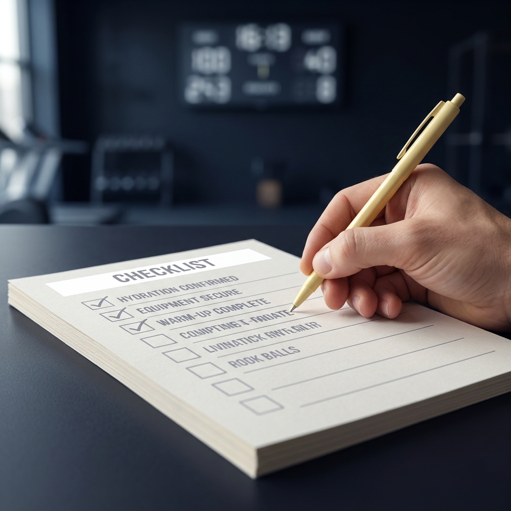 Hand checking items on a printed pre game checklist for Building a College Basketball Daily Checklist with a blurred scoreboard in the background