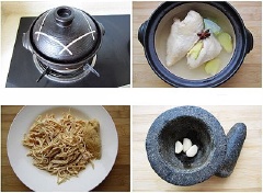 Sau khi thịt gà chín, vớt ra xé nhỏ tăm. Tiếp theo, cho tỏi vào cối giã nhuyễn.