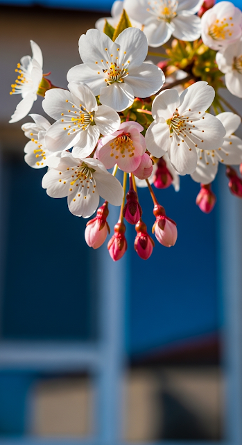 Vibrant White Cherry Blossoms and Berries Against Blue Background - Free mobile Wallpaper