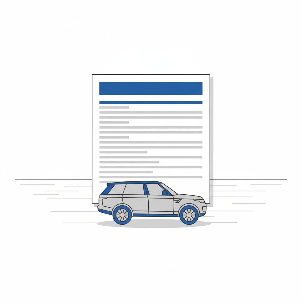 Minimalist vector of a vehicle history report on a showroom desk with a Range Rover silhouette in the background emphasizing clear report layout range rovers for sale