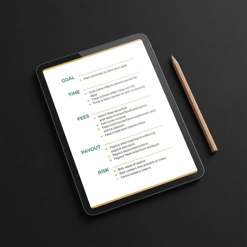 Minimalist tablet checklist showing goal time fees payout risk with pencil beside it in Finance Police brand colors for passive income businesses planning