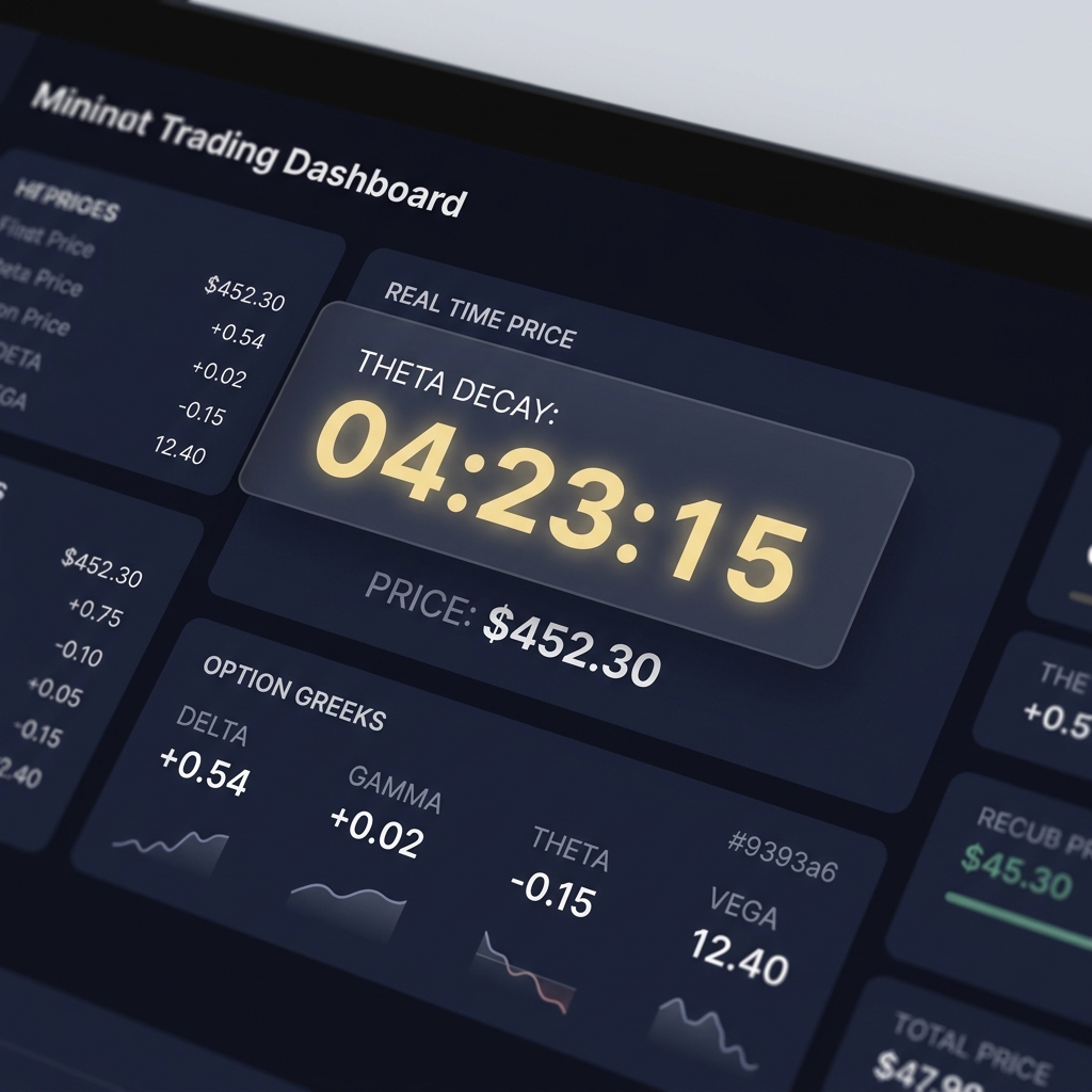 Close up of a minimalist digital option pricing screen with a countdown timer overlay illustrating How Time Remaining Affects Value in Funded Plays brand colors dark navy background and soft accent highlights